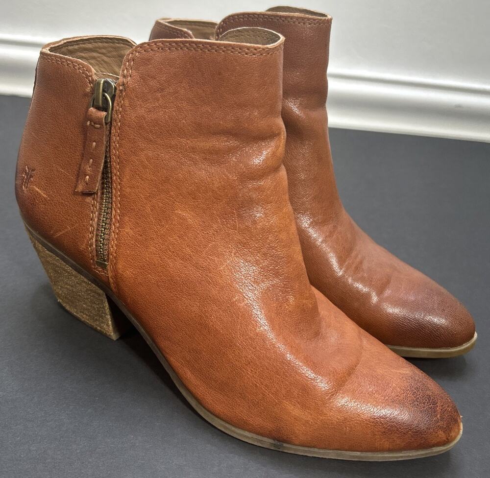 Frye Judith Double Zip Leather Booties In Cognac Size 7M Brown Block Heel